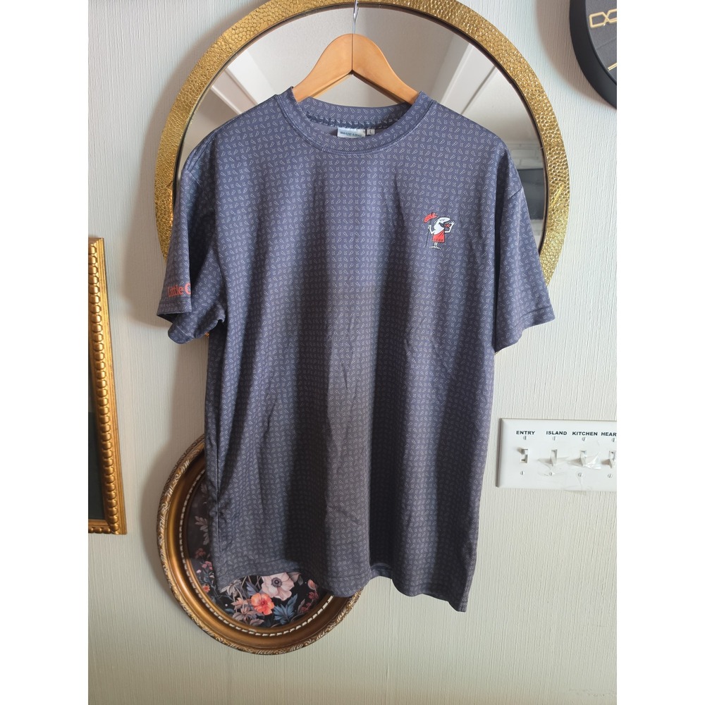 Men's Gray Patterned T-Shirt Little Cesears employee shirt large navy blue